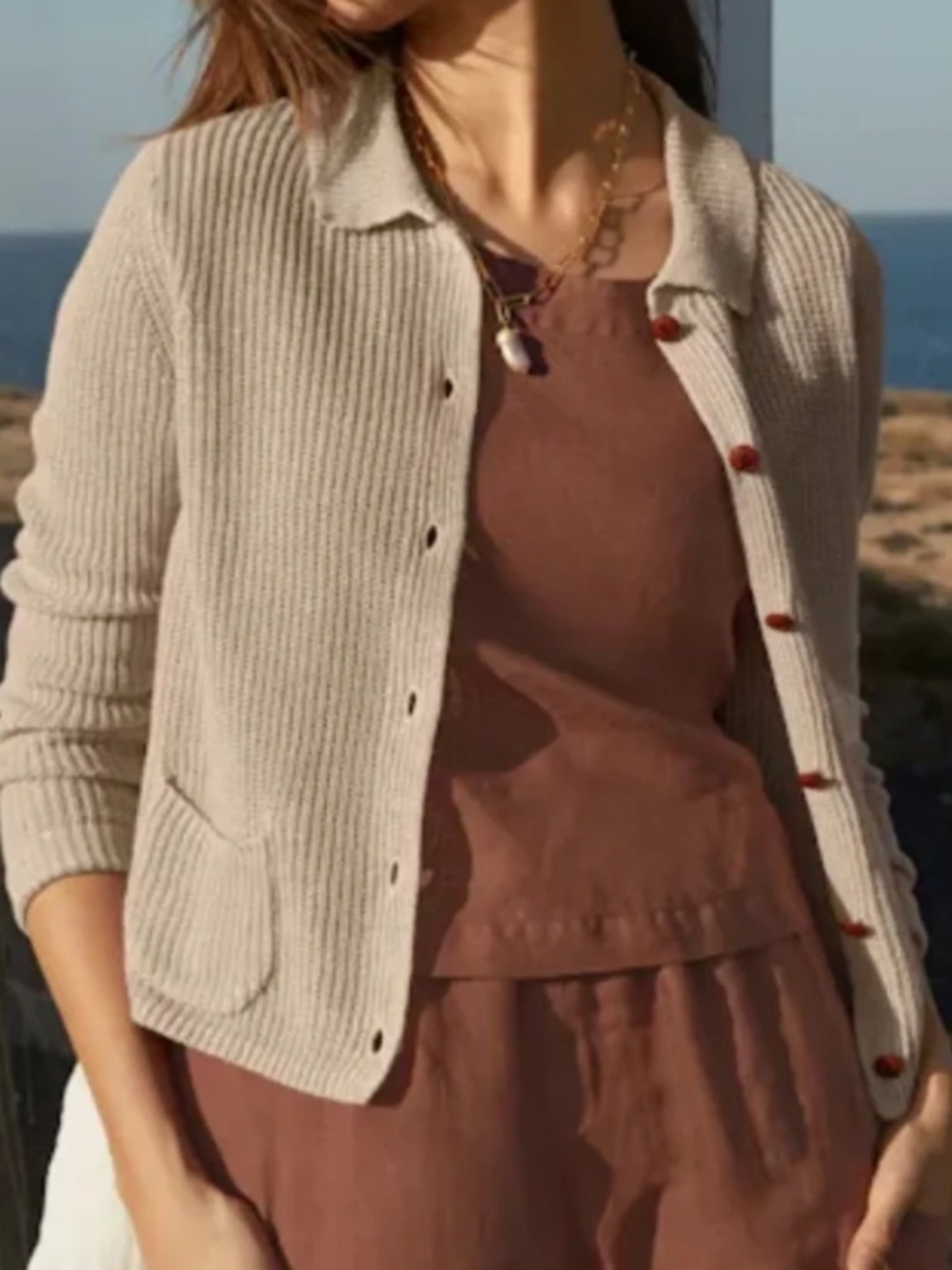 Poetry Linen Knit Jacket SZ 6 Women Long Sleeve Button Boho Preppy In Pale Sand